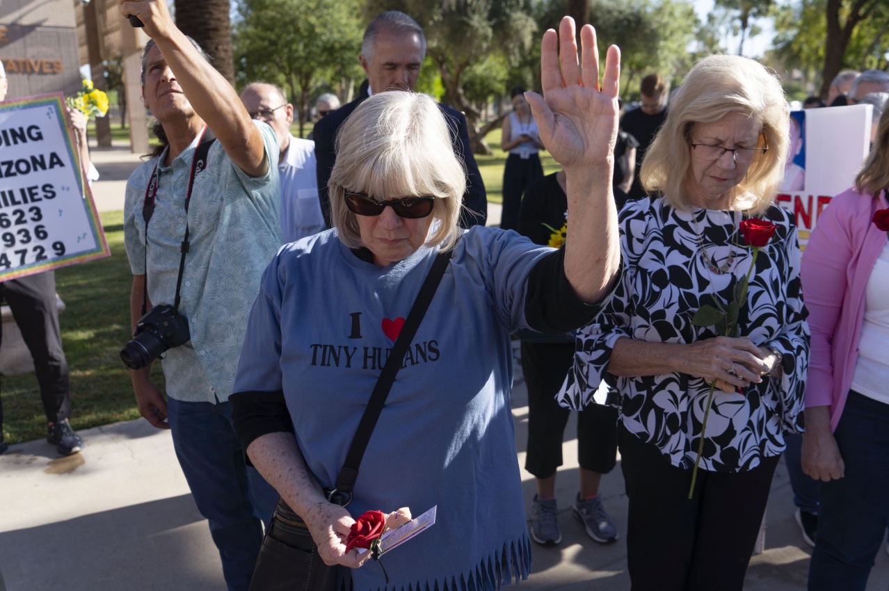 Anti-abortion rights advocates demonstrate prior to an Arizona House of Representatives session at the Arizona state Capitol on April 17 in Phoenix.