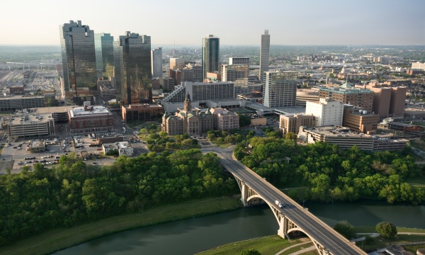 Aerial view of downtown Fort Worth, Texas. Some hospitals in Texas and around the U.S. are seeing high profits, even as their bills force patients into debt. Of the nation's 20 most populous counties, none has a higher concentration of medical debt than Tarrant County, home to Fort Worth.