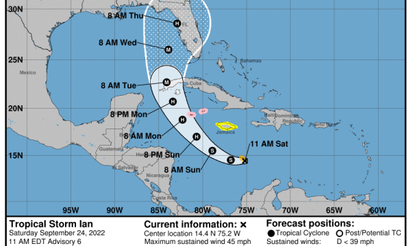 An image from the National Oceanic and Atmospheric Administration shows the projected path of Tropical Storm Ian.