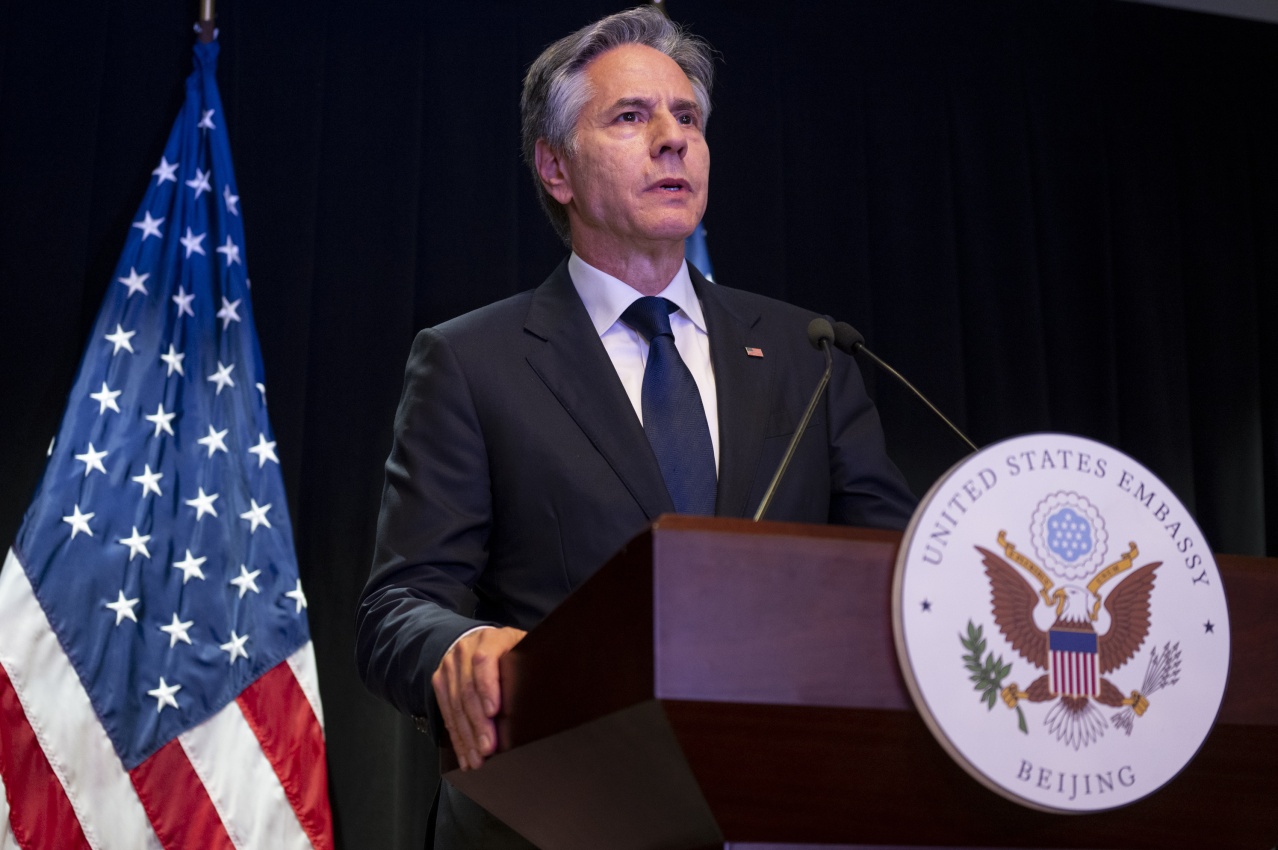 U.S. Secretary of State Antony Blinken speaks at a press conference at the U.S. Embassy in Beijing, China.