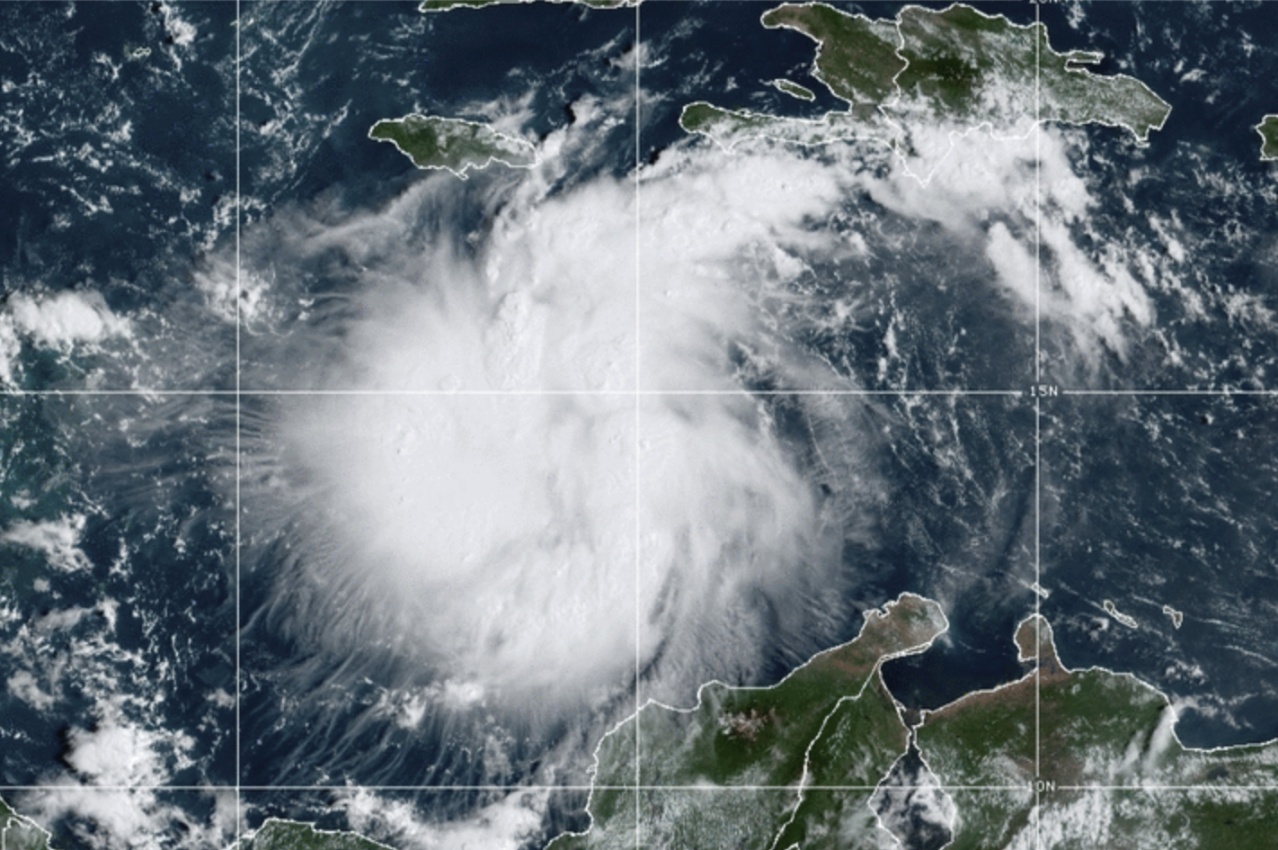 This satellite image provided by the National Oceanic and Atmospheric Administration shows Tropical Storm Ian over the central Caribbean on Saturday, Sept. 24, 2022. (NOAA via AP)