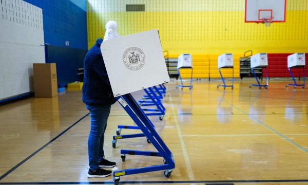 A person votes at a polling station in Manhattan during New York's presidential primary on April 2.